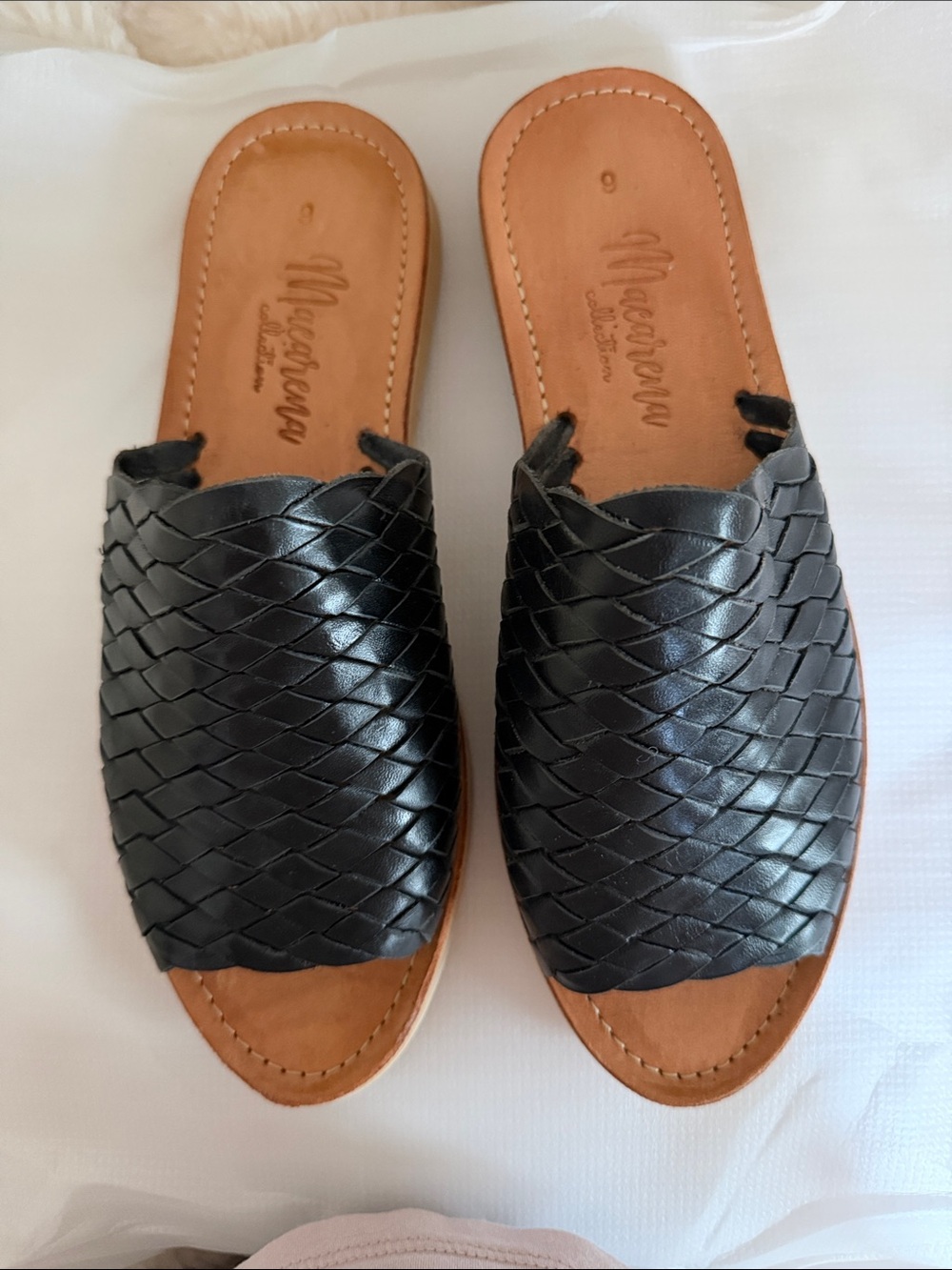 Madeline Black Woven Slide Mules with Tan Footbed